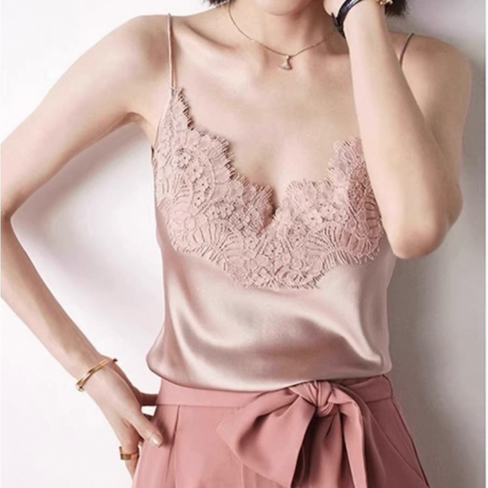 Elegant Lace Trim Satin Cami Top Size M